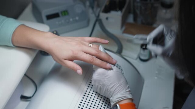 Manicure technician applies primer to natural nail plate in beauty salon to improve material adhesion before further procedure