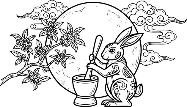 Traditional mid-autumn festival vector illustration featuring a jade rabbit pounding medicine with flowers clouds a full moon line art