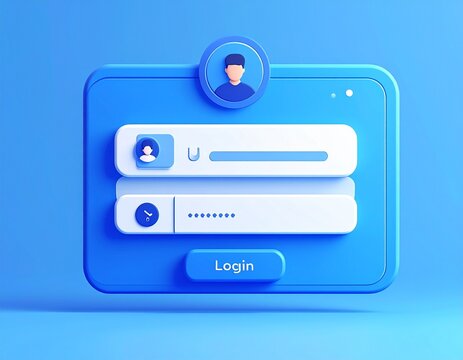 Modern 3D glossy blue login form UI design with user avatar, input fields, and login button, isolated on light blue background.
