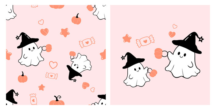 Cute seamless Halloween ghost pattern featuring playful sheet ghosts wearing witch hats with pumpkins, candy, stars, and hearts on a soft pastel pink background in hand drawn flat vector style.
