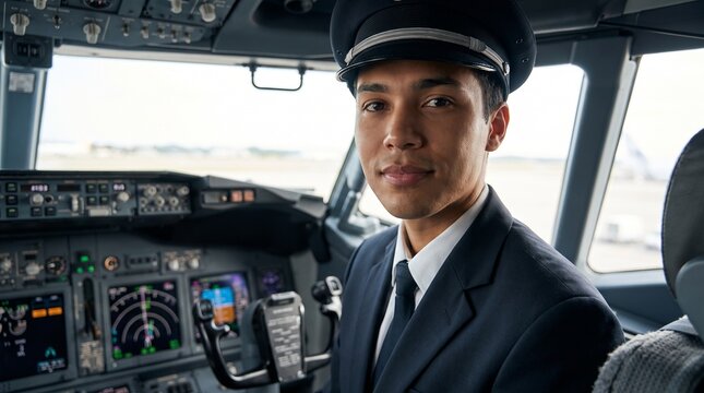 Handsome airline male pilot in dark blue uniform suit and cap sitting in cockpit of commercial airplane before flight.