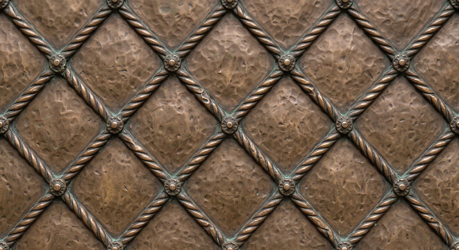 Hammered copper metal with a twisted rope diamond grid and rosette studs