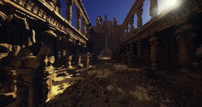 Sunlit regal colonnade reveals detailed stone capitals and friezes, long crisp shadows, warm highlights on reliefs, empty passage ideal for photography
