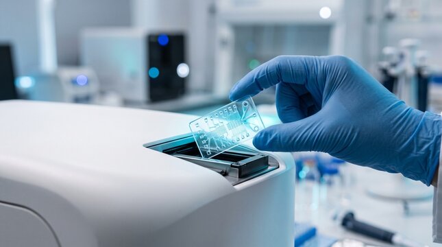 A scientist in a laboratory loading a test tray into a medical device