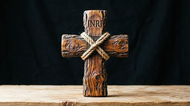 Wooden cross with rope and INRI engraving