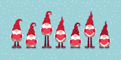 Fototapeta premium cute dwarf holding hearts on snowy background christmas greetings vector illustration