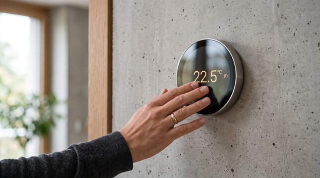 A person adjusting the temperature on a smart thermostat in a modern home