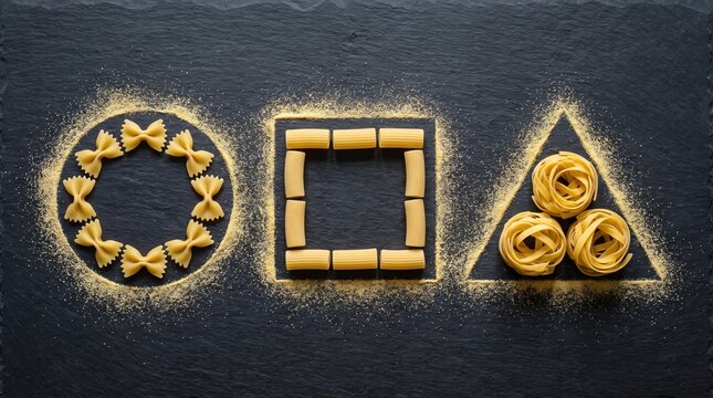 Pasta shapes arranged in geometric circle square and triangle patterns