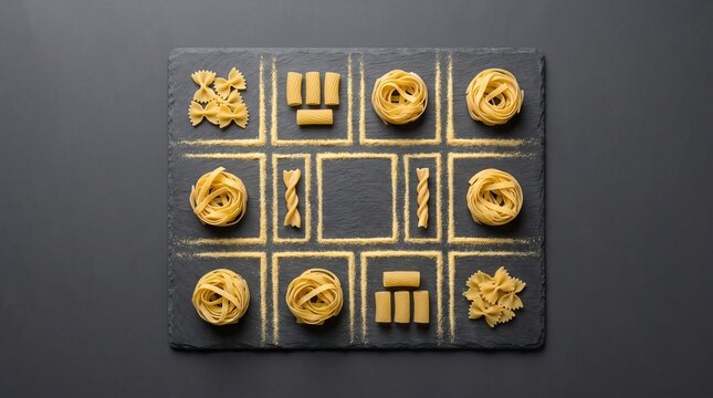 Various types of dry pasta arranged in a tic tac toe grid on a slate board