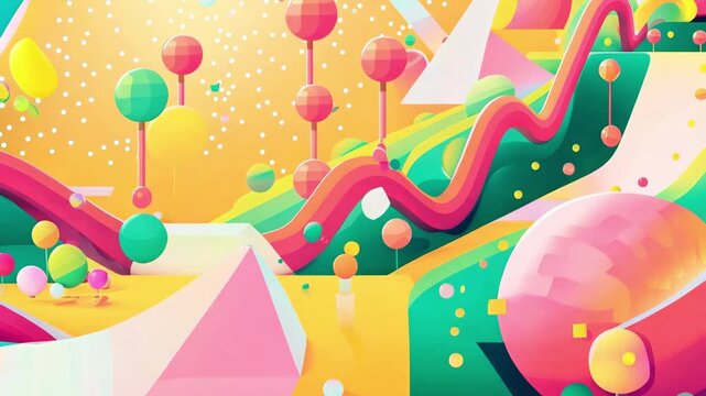 Playful abstract composition of colorful geometric shapes and organic curves, vibrant modern design, creative graphic pattern, dynamic contemporary art, cheerful.