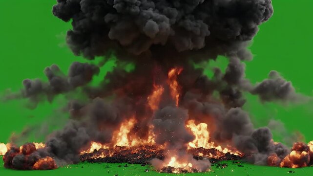 Cinematic fire explosion with black smoke burst animation on green screen