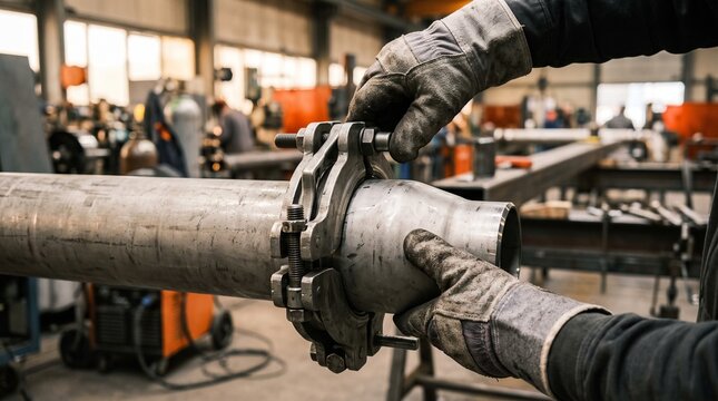 Industrial worker installing a heavy metal pipe clamp in a workshop