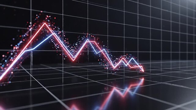 Financial Downturn Visualization: A dynamic 3D graph illustrates a sharp decline in financial markets, with glowing red and blue lines depicting volatile trends against a dark, grid-like background.
