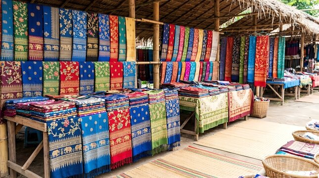 A beautiful display of handmade Thai textile scarves and tablecloths featuring intricate patterns and vibrant colors for sale in the village of Parangmee near Noen Maprang in Phitsanulok province for