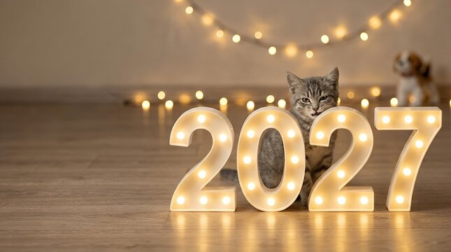 A funny and festive scene of a gray striped kitten playfully sitting behind the large lit-up numbers of the new year 2027 with the warm glow of Christmas garland lights in the background for a dog