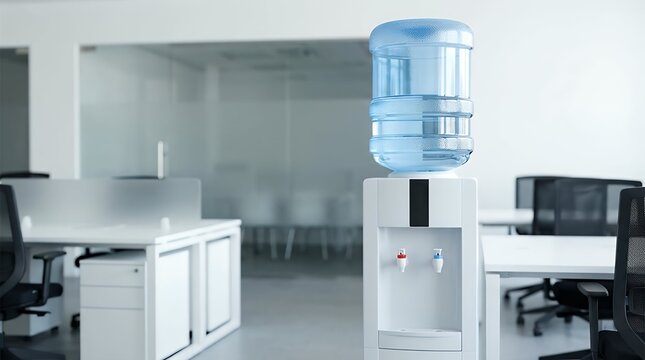 A clear blue water gallon placed on top of an electric water cooler in a modern office area ready to provide refreshing hydration for employees for an office concept blue water gallon on electric