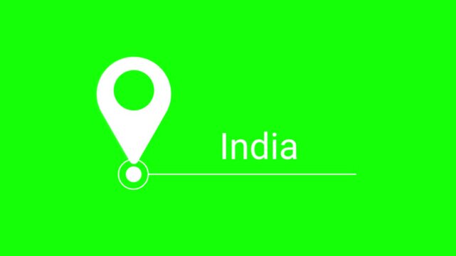 Map pin location marker and India text animation on green screen background.