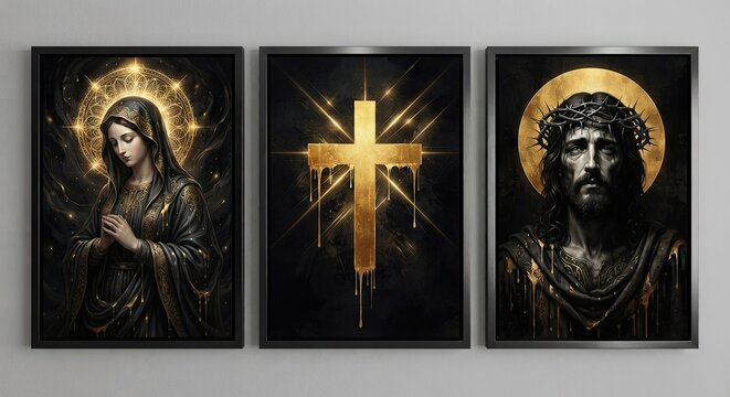 Triptych of golden religious artworks on wall