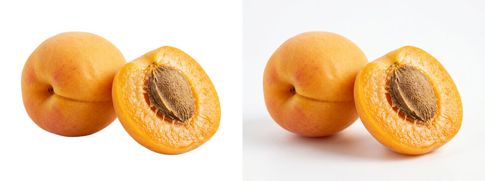 Fresh apricot fruit illustration, whole and halved orange apricots with pits, realistic food icons isolated on white background