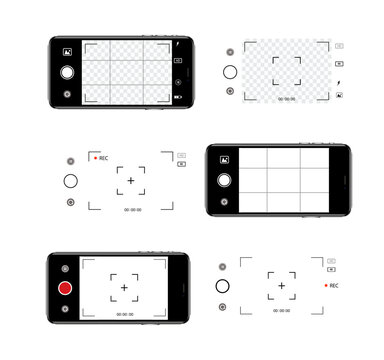 Viewfinder Camera interface in phone screen. Photo, video ui in cellphone. App for record from mobile cam. Grid, focus, button and rec. Smartphone mockup. Vector.