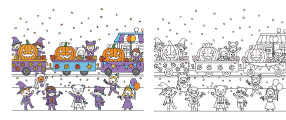 Fototapeta premium Halloween Parade Illustration with Kids in Costumes and Large Pumpkin Floats, Includes Black and White Coloring Page Activity