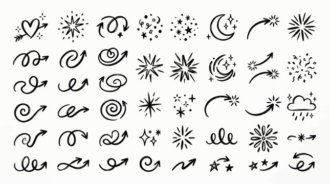 Hand drawn doodle arrow and star collection, 42 black ink decorative elements, celestial sparkle and swirl vector set for bullet journals