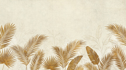 Vintage gold palm leaf background, tropical botanical foliage on beige textured paper, elegant floral wallpaper for luxury interior design © T_H_E_A_R_T_I_S_T