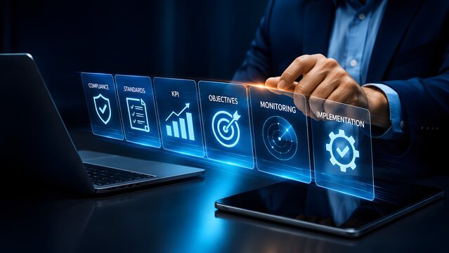 Businessman touching a glowing holographic digital interface displaying compliance, standards, KPI, and monitoring panels for corporate management