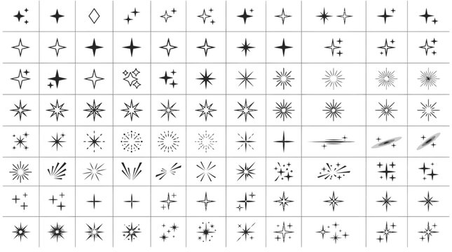 Sparkle star icon set, 88 black twinkle vector elements, minimalist shining glint symbols, decorative light burst collection for design
