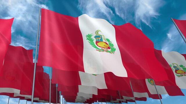 Multiple Peru flags seamless looping waving on blue sky
