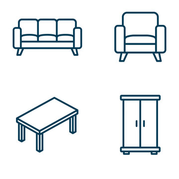 Living Room Furniture Line Icons Comfortable Sofa Armchair Coffee Table Wardrobe Cabinet