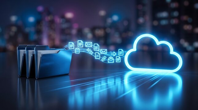 Shiny blue digital folders transferring file icons and email symbols towards a glowing neon cloud icon with bright light beams