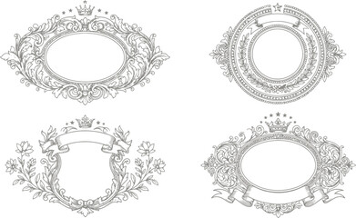 Fototapeta premium Vintage heraldic frames set, ornate royal crest borders with crowns and ribbons, 4 elegant black and white vector labels for luxury branding