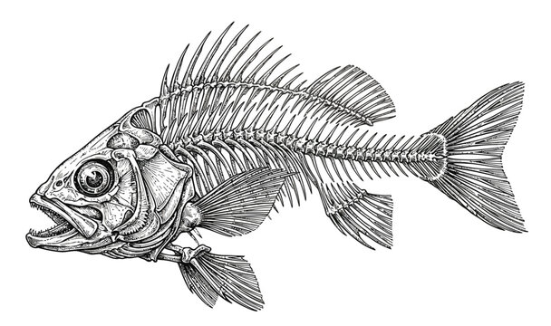 Vintage fish skeleton illustration, detailed anatomical fish bone structure, antique engraving style marine biology vector art