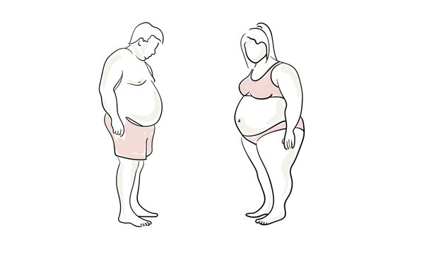 Overweight Man and Woman Line Art. Body Weight and Obesity Concept. Minimal Vector Illustration.