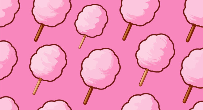 Pink cotton candy seamless pattern, sweet candy floss vector background, sugary fairground snack wallpaper for party decor