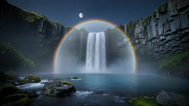 Rare Moonbow Forming in Mist Above a Waterfall at Night