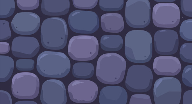 Cartoon stone wall texture, purple cobblestone background vector, seamless rock pavement pattern for game design and animation