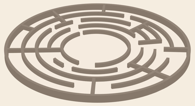 Isometric circular maze vector, 3D round labyrinth puzzle icon, brown circular path logic game for business strategy concepts