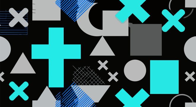 Memphis style geometric pattern, abstract seamless background with cyan and grey shapes, modern 90s retro vector wallpaper