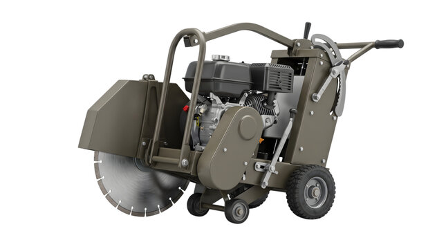Heavy duty walk behind concrete saw machine powered by gasoline engine with sharp cutting blade.