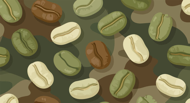 Camouflage coffee bean pattern vector, military style seamless background with roasted and green beans, khaki textile design