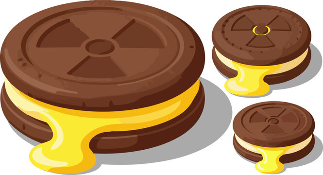 Nuclear chocolate sandwich cookies with glowing toxic filling, radioactive dessert vector set, dark cocoa biscuits with neon yellow cream