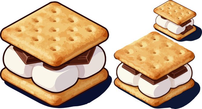 Smores campfire dessert vector set, marshmallow and chocolate graham cracker sandwiches, sweet camping snack icons on white background