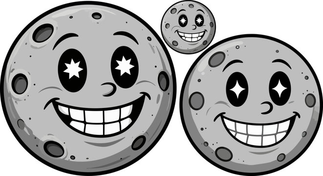 Vintage rubber hose moon characters, retro cartoon full moon with smiling faces, set of 3 celestial mascot vectors