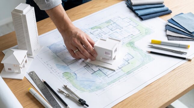 Professional architect carefully positions a small white building model onto detailed floor plan blueprints using precise hands for urban planning