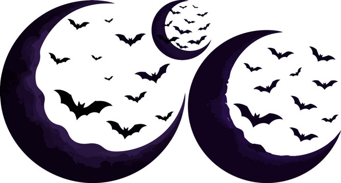Spooky Halloween bats flying over crescent moons, dark purple watercolor moon silhouettes with bat swarms, gothic night sky vector