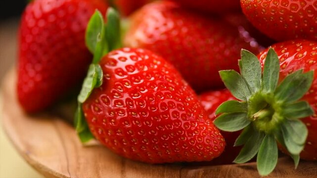 Strawberries, fresh ripe organic strawberry in a wooden bowl, close-up. Fresh ripe organic strawberries, macro shot of fresh juicy berries, close up, rotating  