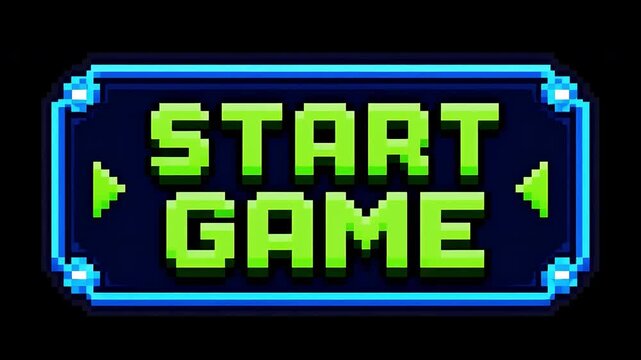 Pixel Art Start Game Button With Glowing Blue Frame And Animation Effect