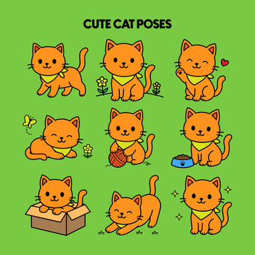 Cute Cat Collection in Different Poses, Adorable Kittens Illustration